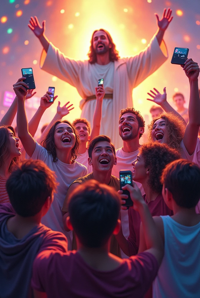A group of young people celebrating, com joysticks nas mãos, in a vibrant and colorful environment with Jesus in the background