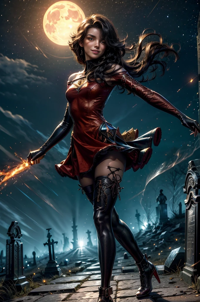(masterpiece, best quality:1.2), cowboy shot, dynamic pose, holding flame, solo, 1girl, cinder fall, smiling, looking at viewer, long hair, red dress, elbow gloves, pantyhose, night, stars, moon, walking through rundown graveyard on hillside, ancient crypt, cracked tombstones, bonfire, small crowd (volumetric lighting), sharp focus, hyper detailed