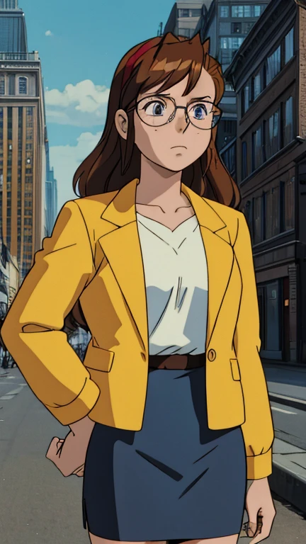 (1girl, becky farrah, long hair,brown hair,hairband,forelock,blue eyes,glasses,(freckles:0.7), jacket,shirt, pencil skirt), (extremely detailed CG unit 8k wallpaper),(master part), (best quality), (ultra detali), (best illustration),(ghibli style), symmetrical composition, cowboy shot, (Sharp eyeliner, ombre, detailed eyes:1), Gotham City Style, outdoor background, break , upper body, 