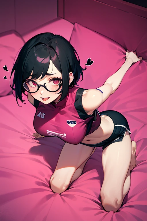 A girl with glasses, short black hair, a basketball outfit with a crop top and shorts, shy pose, showing her thighs, lying on a bed, top view, showing her back, big breasts, big butt, bare feet, lying down, sweating, no basketball, heart-shaped eyes, full pink eyes, kneeling, raising her arms, sticking out her tongue.