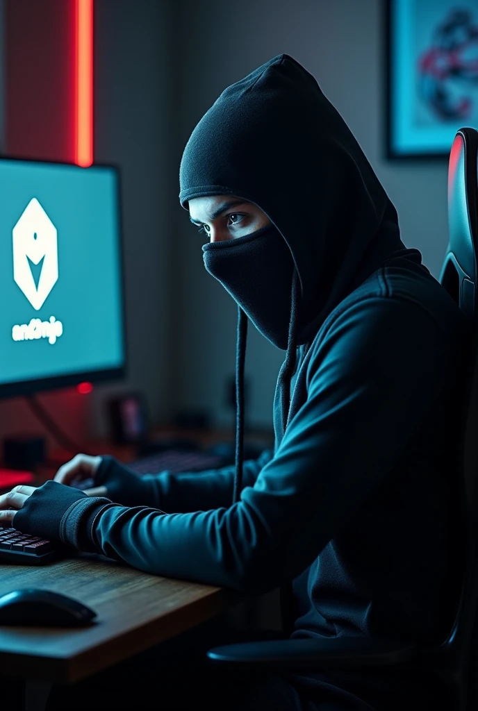 A ninja dressed guy, sitting infront of a gaming pc with headphones on. On the monitor is a background with a logo with a ninja and some text saying "andi2NINJA"