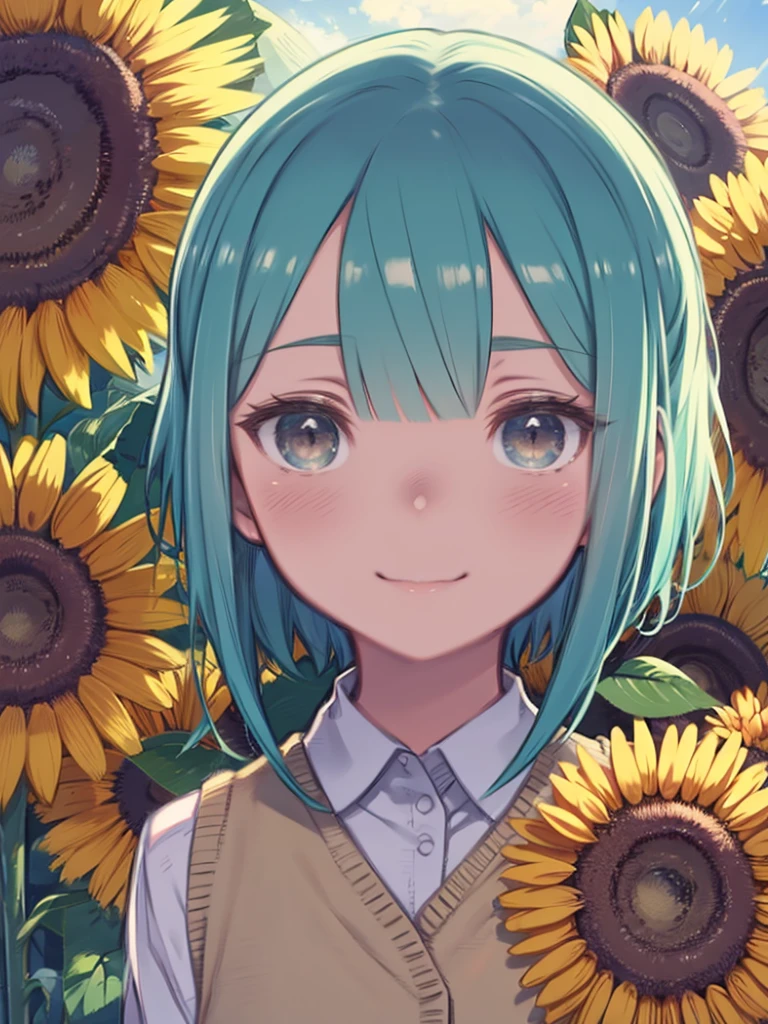 (((Cyclops))), Portraiture, alone, One person, avert your eyes, smile, blush, Medium chest, Aqua Hair, Diagonal bangs, Light brown eyes, Light brown cardigan vest, Backlight, Sunflower \(flower\), flowerの背景