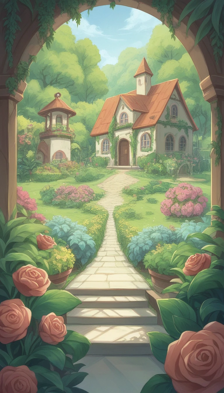 The image shows a beautiful, cozy house designed in a natural style, viewed from a slightly elevated angle that captures the entire home and its charming front garden. The house is surrounded by lush greenery, with trees and colorful flowers enhancing the warm, inviting atmosphere. A woman with long brown hair is sitting in the garden, engrossed in a book, enjoying a peaceful moment. The garden also features a relaxing seating area with a table, chairs, and a soft glow from a nearby lamp. The overall scene is depicted in a lofi cartoon style, with gentle colors and a calm, soothing vibe.