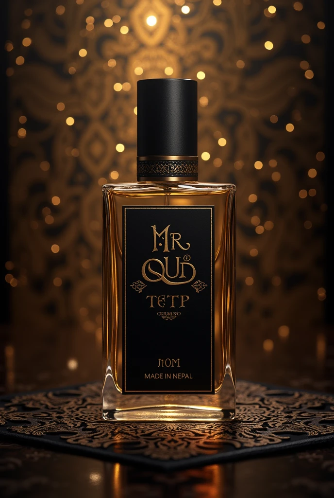 Create a purfume bottle of 50ml straight lenght and width liitle width and writer the Brand name as mr oud at the top and also write made in Nepal at bottom background of Arabic nights