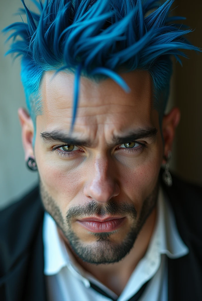 Close up of a man’s bust
He has blue hair sticking out and dark eyes
He has a septum piercing and a squared jaw
We can see intricate swirls peeking from beneath his white collar shirt
He has a mischievous smile and soft eyes