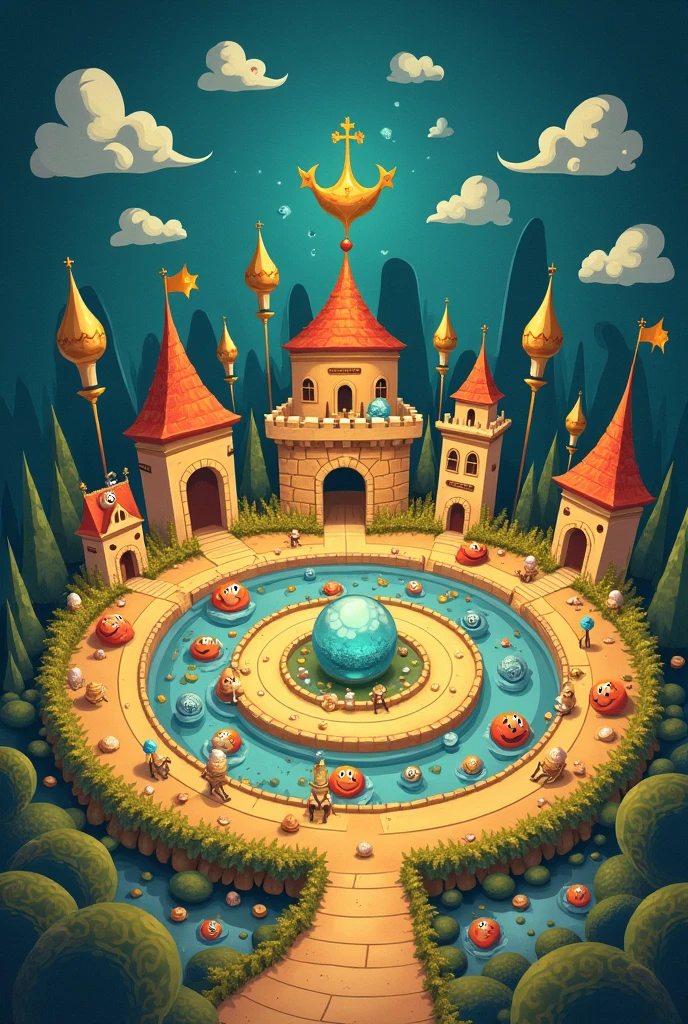 Description: The scene shows a cell represented as a prosperous and organized kingdom.
elements:
Membrana Celular: A protective rim around the cell, with gates or doors symbolizing the membranes that protect the organelles.
core: A large central circle, guarding the secrets of DNA, perhaps with a key or lock symbol.
Mitochondria: Small bean-shaped figures with happy expressions, symbolizing energy production.
Other Organelles: Designed like small houses or castles, with smiles and signs of harmony.