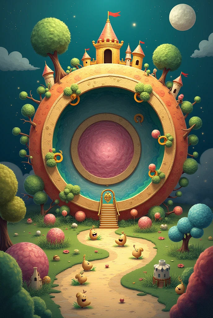 Description: The scene shows a cell represented as a prosperous and organized kingdom.
elements:
Membrana Celular: A protective rim around the cell, with gates or doors symbolizing the membranes that protect the organelles.
core: A large central circle, guarding the secrets of DNA, perhaps with a key or lock symbol.
Mitochondria: Small bean-shaped figures with happy expressions, symbolizing energy production.
Other Organelles: Designed like small houses or castles, with smiles and signs of harmony.