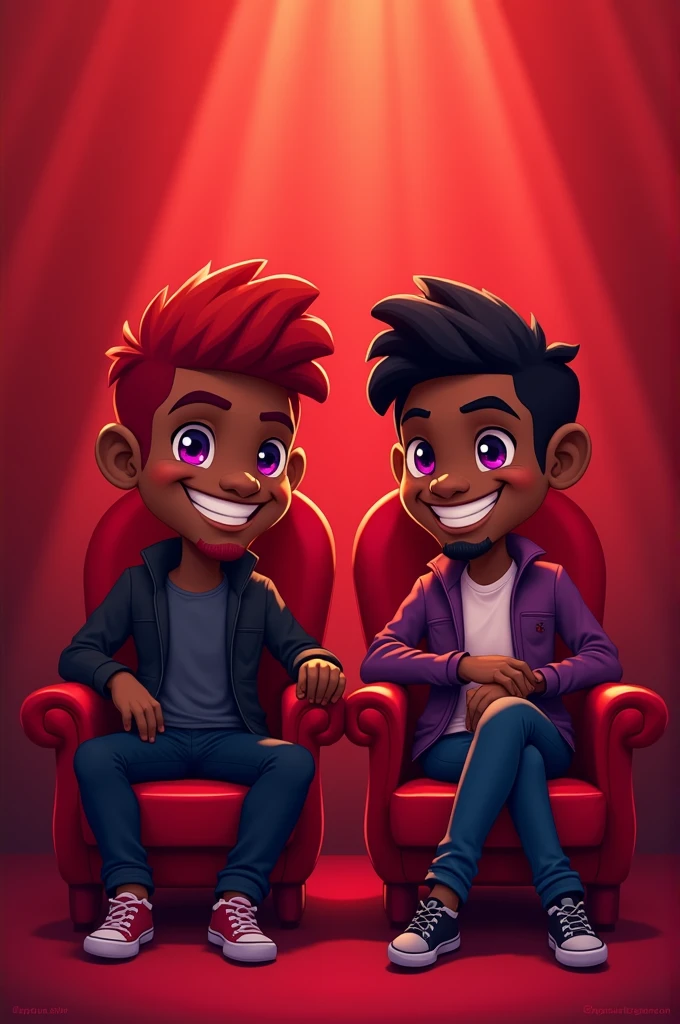 
---

**Prompt:**

- **Art Style:** Cartoon
- **Color Palette:** Vibrant Red, Deep Purple, Dark Skin Tones
- **Characters:**
  1. **Character 1:** A black man with dark red hair and purple eyes, smiling warmly. He is seated on a red throne.
  2. **Character 2:** Identical to Character 1, but without a microphone, also smiling. He is seated on a matching red throne.
- **Scene Description:**
  - Both characters are sitting side by side, facing forward, in a vibrant red room. The overall atmosphere is joyful and friendly, with both characters exuding a sense of camaraderie. The room and thrones should emphasize a deep red color palette, creating a cohesive and warm scene.
- **Mood:** Lighthearted, Friendly, Joyful

---
