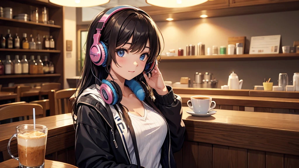 Girl with headphones enjoying music in a cafe　I am studying　Emphasize a little bit of the chest