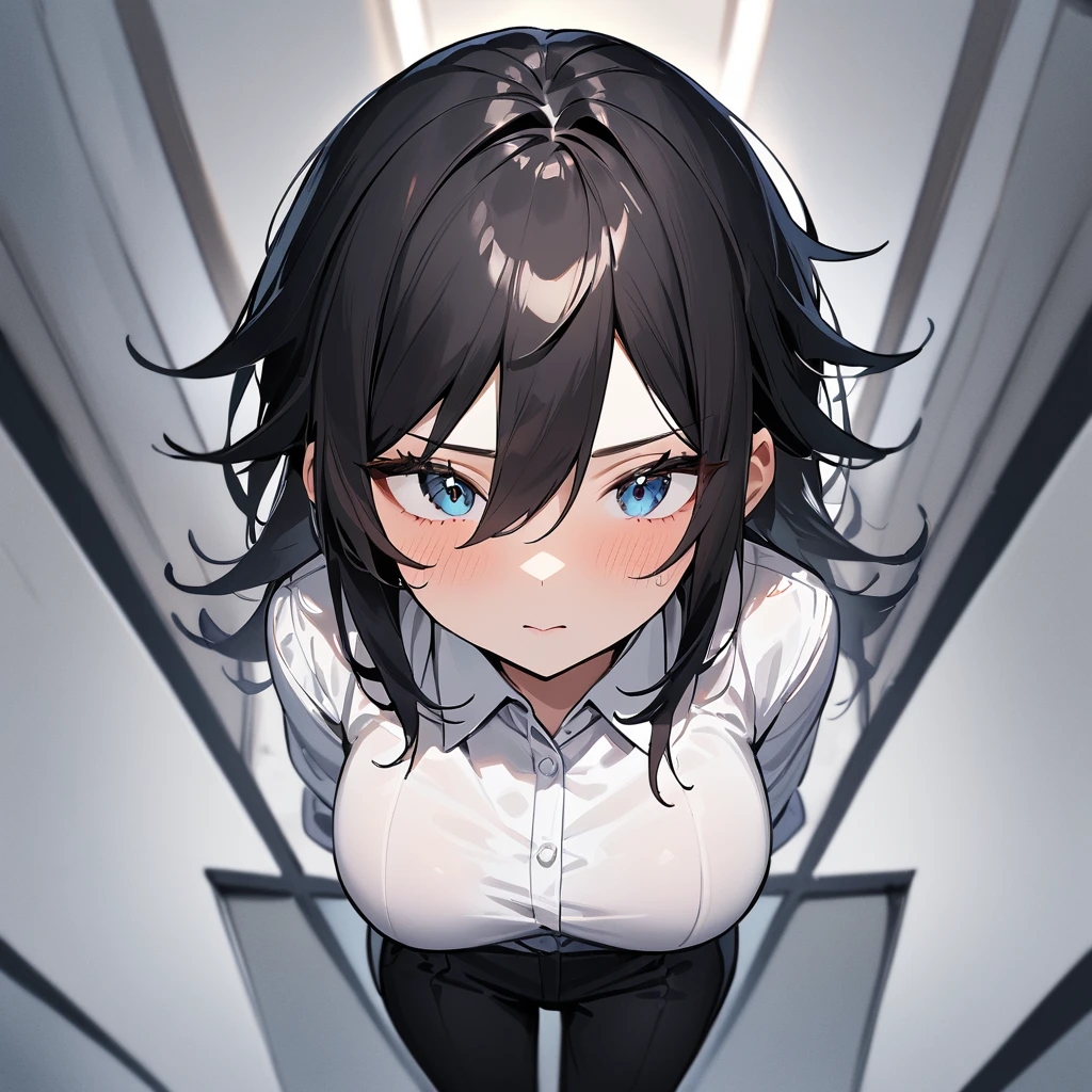 1girl,Solo,Androgynous,blackhair,masterpiece,Shiny hair,White button collared_shirt,big breast,front View,single,black_pants,straight-on,dynamic angles