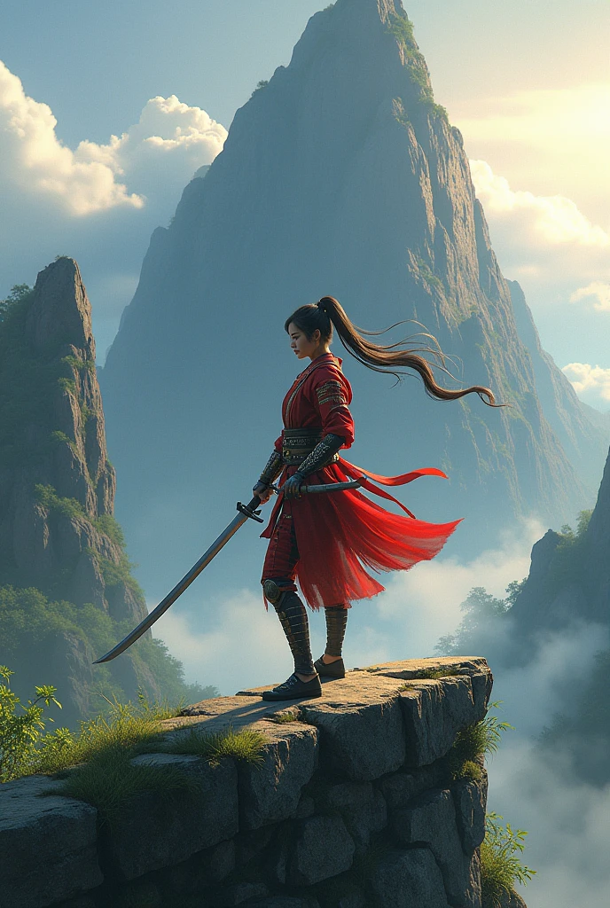 Samurai girl with a long knife. She is in a big rock. Morning time.