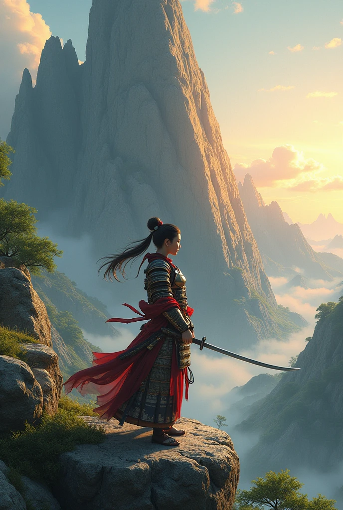 Samurai girl with a long knife. She is in a big rock. Morning time.