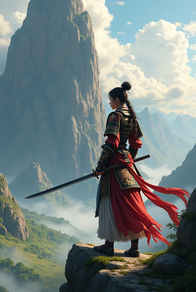 Samurai girl with a long knife. She is in a big rock. Morning time.