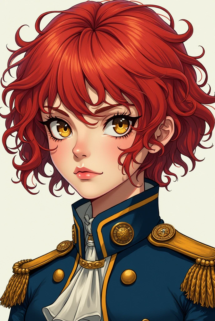 teen girl with boyish short very-curly red hair and golden eyes, wearing 18th century army uniform, in japanese manga style like mori kaoru