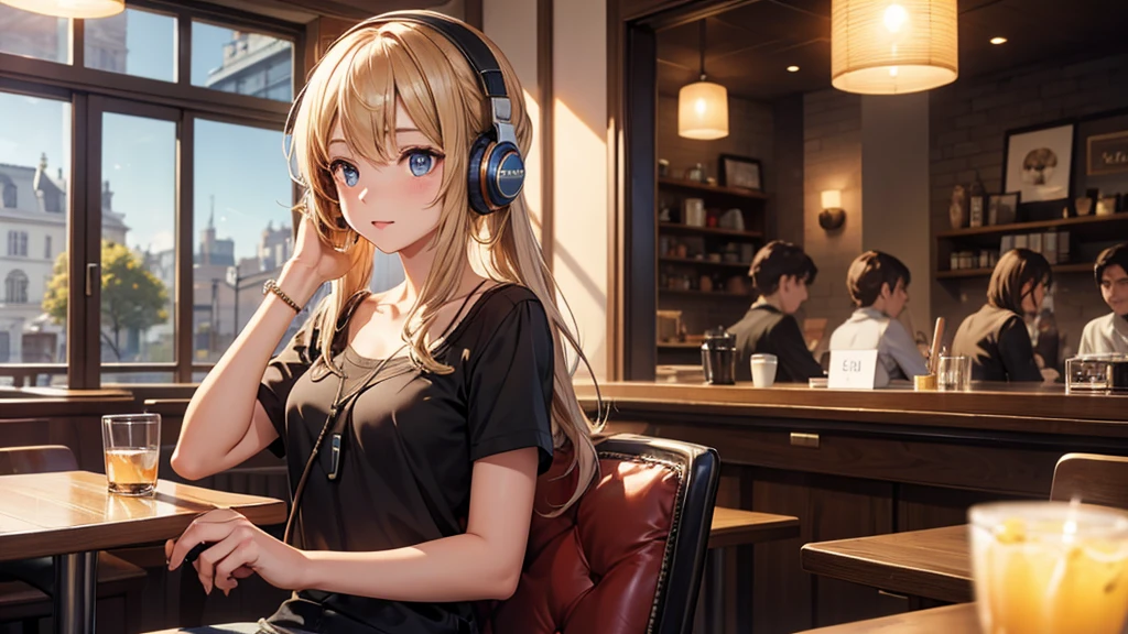 Girl with headphones enjoying music in a cafe　I am studying　Emphasize a little bit of the chest