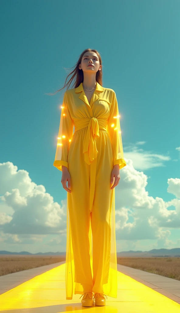 In a surreal scene, a shimmering and sophisticated model sleep shirted in a bright yellow fashion outfit and tie stands proudly on the runway. The sleep shirt is made of shimmering neon lights that dance around her face as she gazes out at the sky.