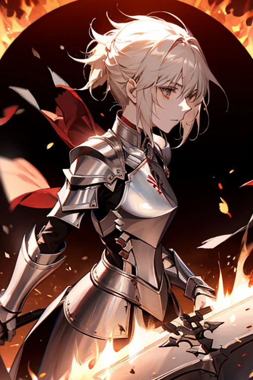Mordred from Fate Apocrypha in her armor with flame in the background