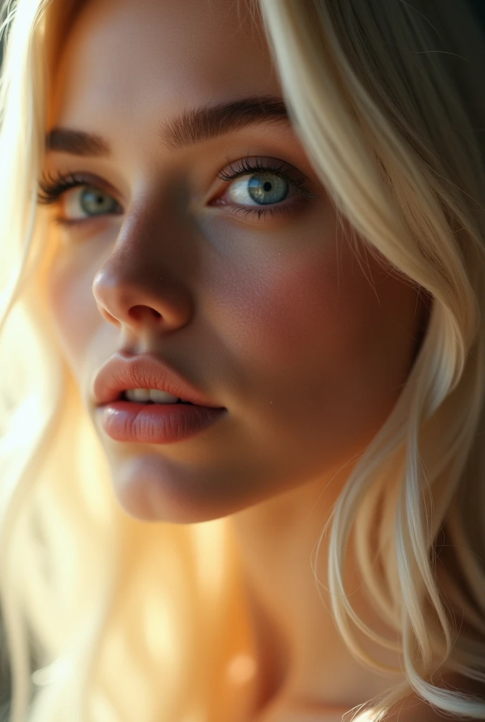 The image features a close-up of a young woman with platinum blonde hair that falls in soft, light waves over her shoulders.. Her hair, illuminated by a warm light, highlights your clear, flawless skin, creating a contrast that enhances its natural beauty. his eyes, large and expressive, of an intense blue, are slightly squinted, which gives it an air of mystery and sensuality. Long, thick eyelashes frame her gaze, accentuating the intensity of his eyes.
Her lips, of a natural pink color, are slightly ajar, as if he were about to whisper a secret. The shape of your eyebrows, gently arched, accentuates his gaze, giving him an air of confidence and determination. her cheekbones, slightly marked, add a touch of distinction to your face.
The soft light that illuminates her face highlights her features., creating an atmosphere of serenity and beauty. Her expression, subtly suggestive, conveys a feeling of tranquility and self-confidence.