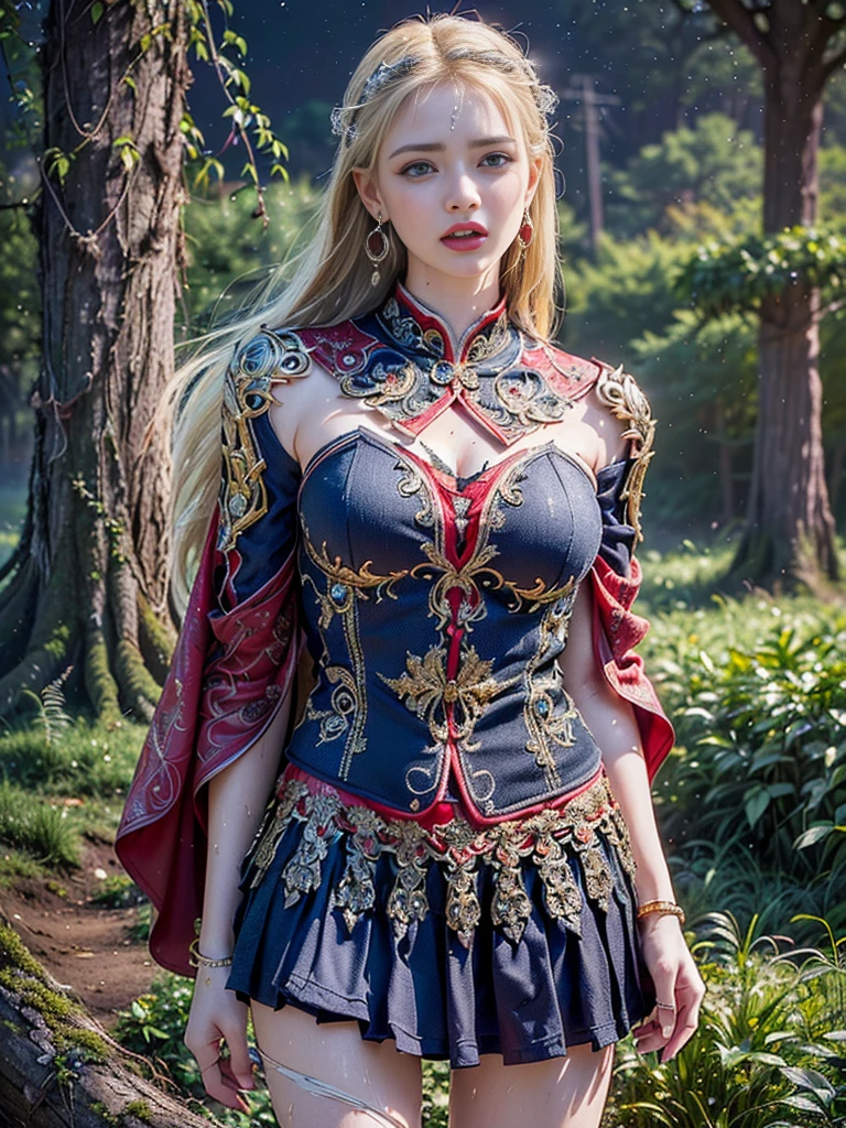 (((masterpiece, best quality))), (((high quality))), (((high resolution illustration))), (((hyper detail))),(((NSFW))), (((Wordsworth's Sharon))),(((Very beautiful long blonde hair))), (((Very beautiful face))), ((((Detailed face)))),(((very beautiful blue eyes))),(((Realistic Skin))),(((her face is flushed))),(((slim body))),(((slim thighs))),(((small breasts))),(((very beautiful slender legs))),(((gold and ocean blue and red and black and white armor with extremely detailed and intricate decoration))),(((red and white skirt with extremely detailed and intricate decoration))),(((boots with extremely detailed and intricate decoration))),(((cloak with very detailed and intricate decoration,))),,(((beautiful earrings))),(((beautiful hair ornaments))),(((in the old dark deep forest with no light))),(((wet her skin))),(((very angry))),((Sharon is crying with tears streaming down her face:1.2))),(((late at night:1.7))),(((highest quality:1.6))), (((A high resolution:1.5))), (((Realistic:1.75))), ((8K resolution)), ((Canon EOS R5)), ((50mm)),((Absurd)),((Ultra-detailed,Cinema Lighting)),(((torn clothes:1.5))),(((standng:1.5))),(((arms behind back)))