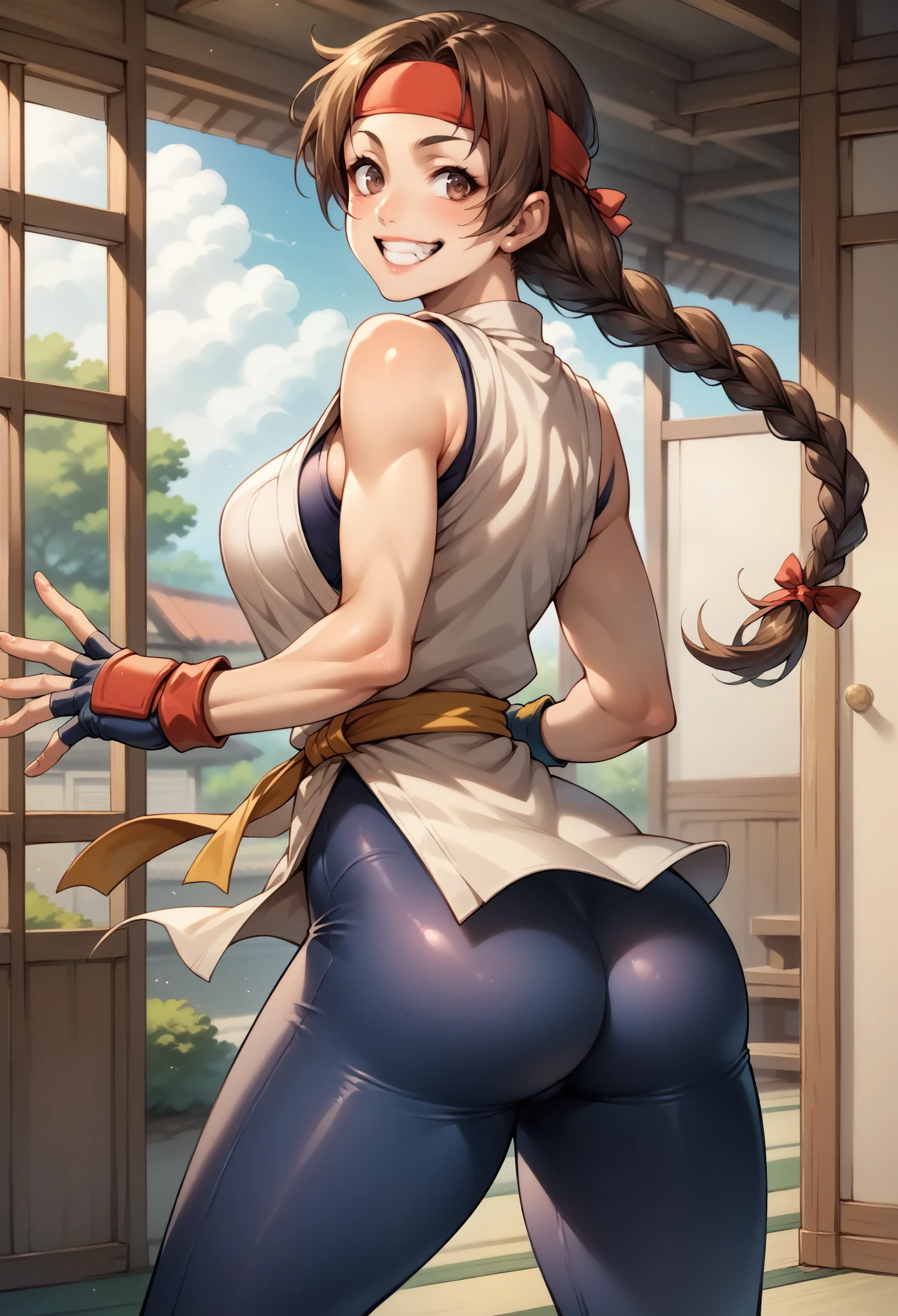 score_9, score_8_up, score_7_up, BREAK, score_9, ysakazaki, happy, teeth, smile, brown hair, brown eyes, single braid, dougi, spandex, headband, fingerless gloves, cowboy shot, ass, from behind, dojo