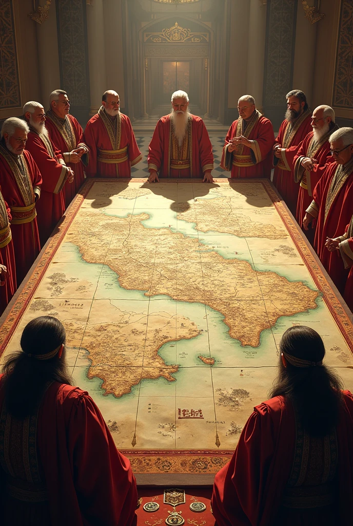 A detailed map showing the expansion of the empire, held by advisors. The map is decorated with tribal symbols and marks the growing territory. The advisors are dressed in ceremonial robes, looking over the map with a sense of pride and strategy