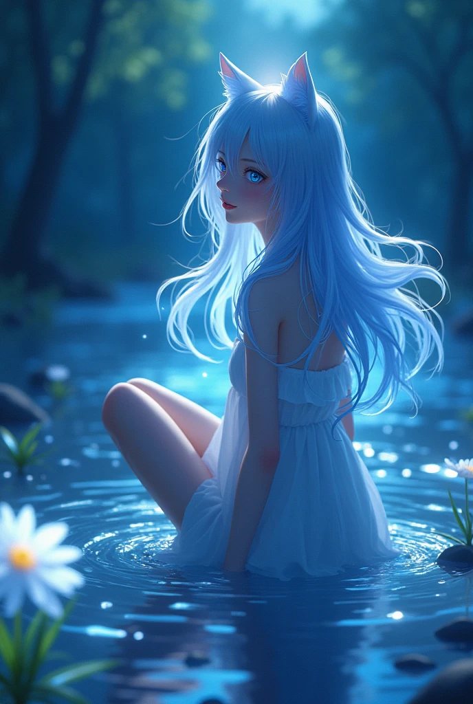 unparalleled masterpiece, ultra realistic 8k CG,masterpiece,pov,1girl, solo, alone, white cat ears,, long hair, blue sapphire eyes, sitting, kneeling, full clothed, masterpiece, best quality, ultra detailed, (long exposure:1.2),dynamic streaks, vibrant colors, fluid movement, (flowing water), white flower, (night:1.2),dreamy,soul,