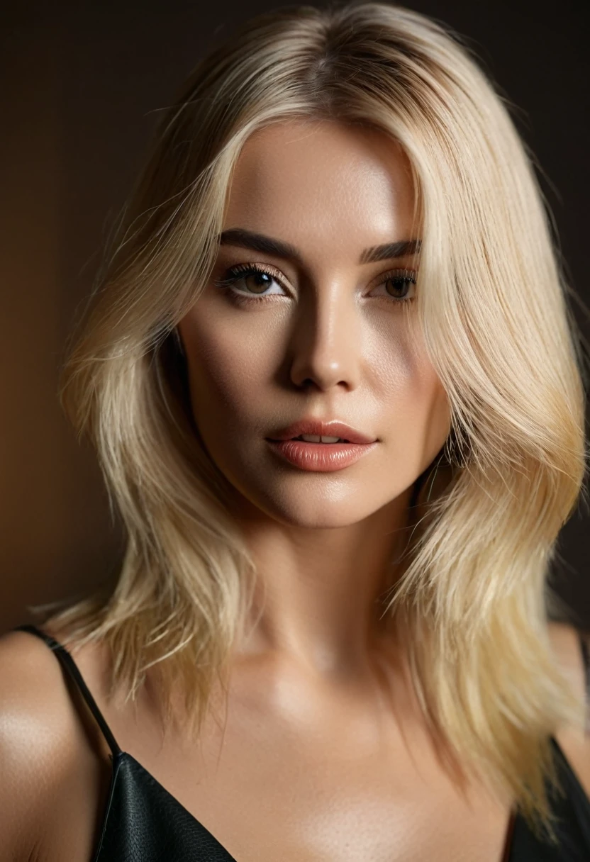 1 woman, (straight hair), (blonde hair), posing as a model, ((realistic lighting, Best quality, 8k, Masterpiece: 1.3)), Perfect beauty: 1.4, Clear focus: 1.8, (RAW style, Masterpiece , Best quality, Ultra detailed), analog style, (leather texture image, film grain), cinematic light, side lighting, ultra high resolution
