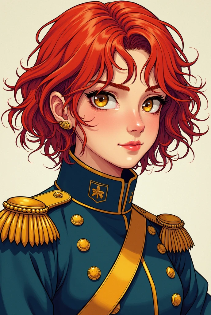 teen girl with boyish short very-curly red hair and golden eyes, wearing 18th century army uniform, in japanese manga style like mori kaoru