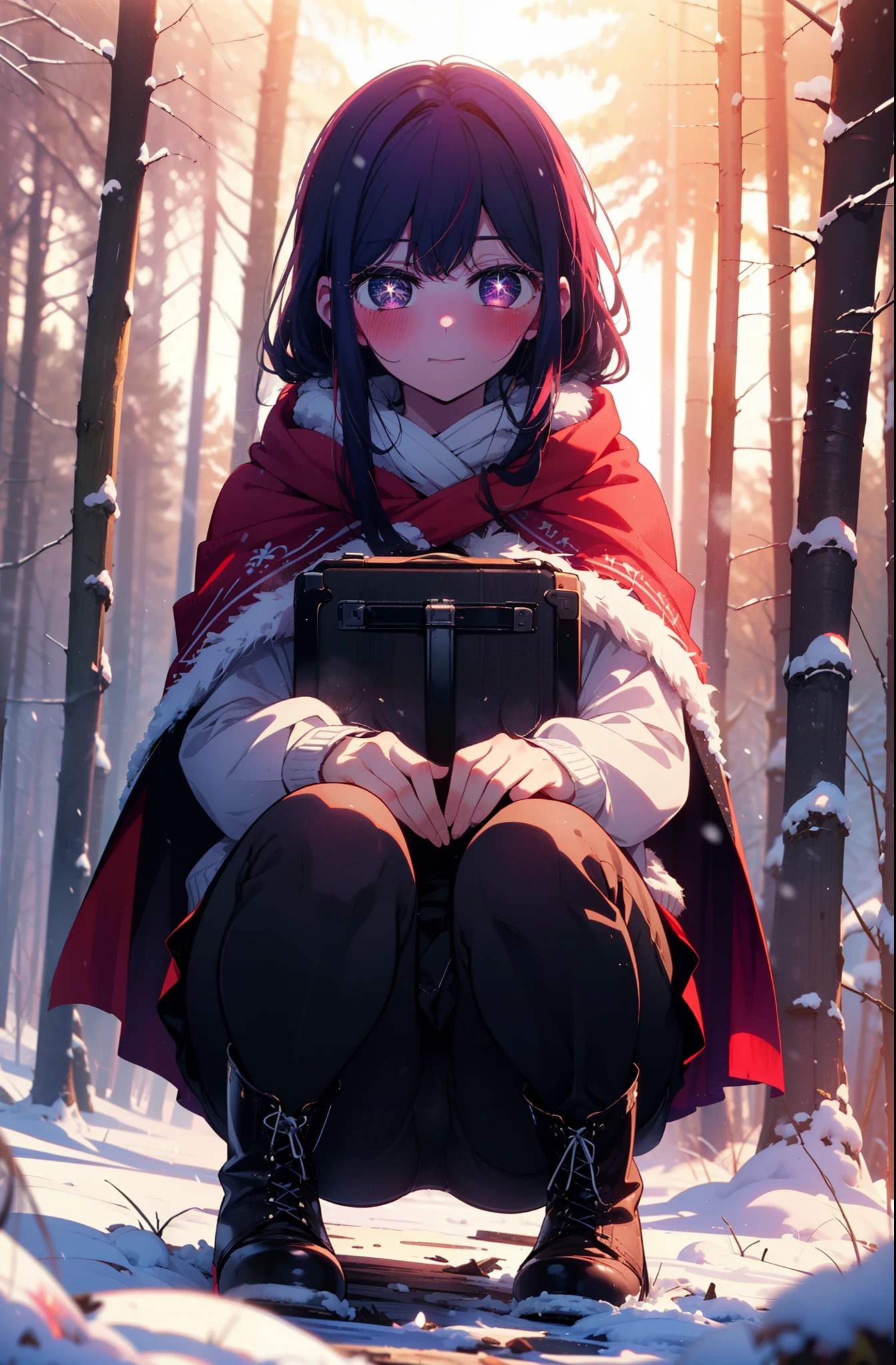 aihoshino, Ai Hoshino, Long Hair, bangs, (Purple eyes:1.1), Purple Hair, (Symbol-shaped pupil:1.5), smile,,smile,blush,white breath,
Open your mouth,snow,Ground bonfire, Outdoor, boots, snowing, From the side, wood, suitcase, Cape, Blurred, , forest, White handbag, nature,  Squat, Mouth closed, Cape, winter, Written boundary depth, Black shoes, red Cape break looking at viewer, Upper Body, whole body, break Outdoor, forest, nature, break (masterpiece:1.2), Highest quality, High resolution, unity 8k wallpaper, (shape:0.8), (Beautiful and beautiful eyes:1.6), Highly detailed face, Perfect lighting, Highly detailed CG, (Perfect hands, Perfect Anatomy),