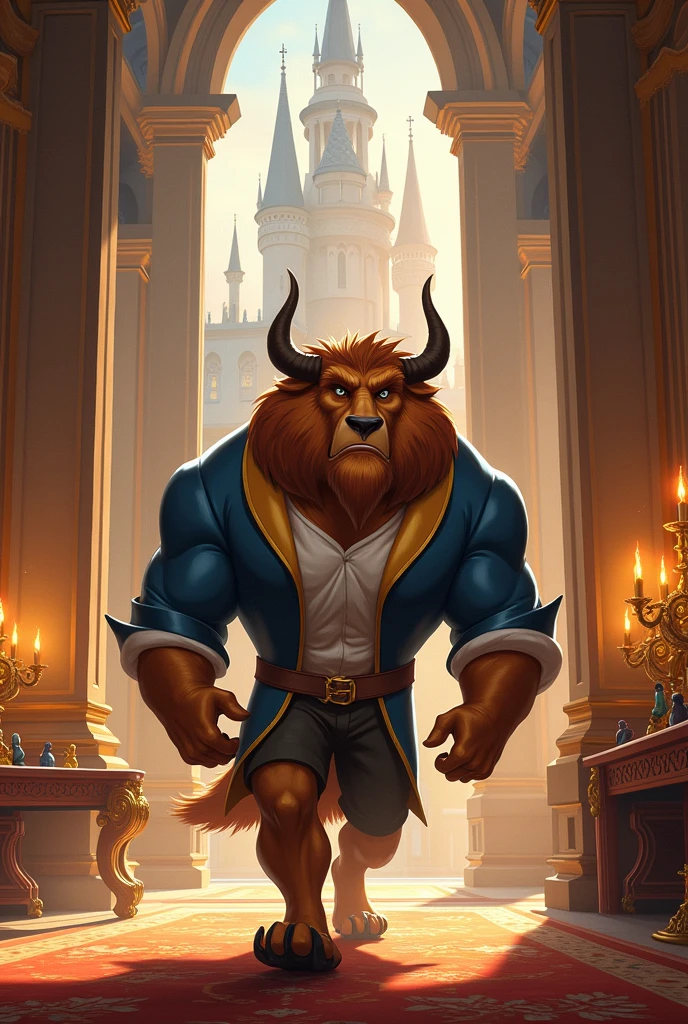 Draw a Disney-like beast strolling around his luxurious, classic castle,not so big the beast and bigger the castle