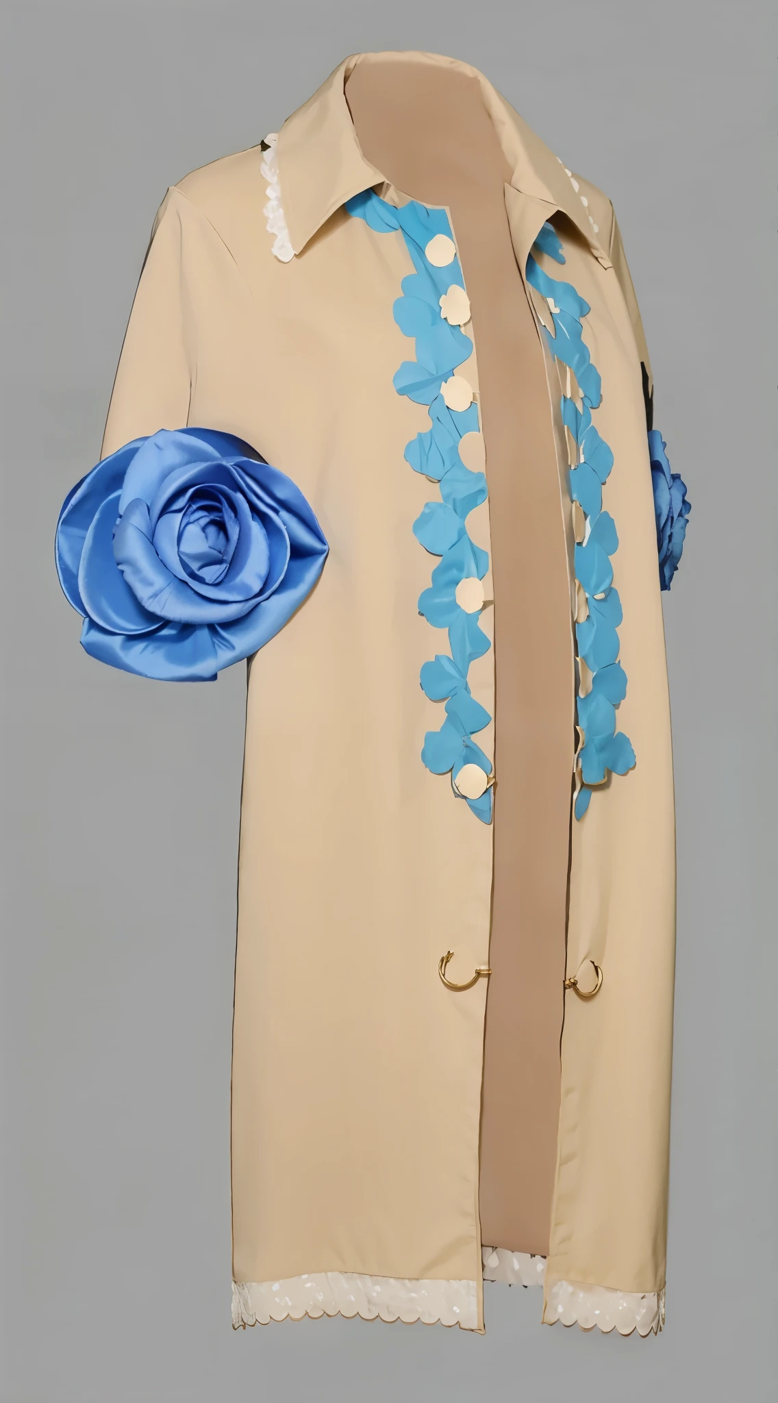 coat, blue flower on sleeves, design on the clasp, Fabric - synthetic, синтетическое coat, Style - casual, chic, chic, synthetic fabric, voluminous fabric