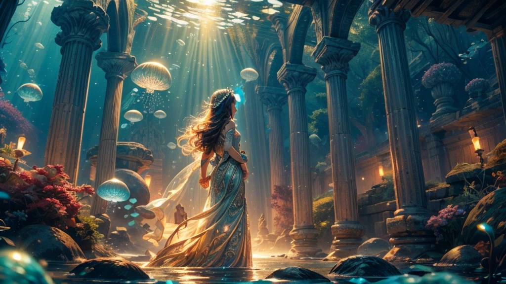 (((masterpiece))), (((Best quality))), ((ultra detailed)),(very detailed computer illustration), ((very subtle and beautiful)),cinematic light, Create a stunning fantasy painting that imitates the style of modern masters of the genre. Aesthetic illustration in a realistic style, View from afar, full-length, In the center of the image is Ariel, in the background is a symmetrical underwater lost temple, Ariel in an Ancient Underwater Temple: Ariel exploring an ancient, sunken temple adorned with intricate carvings and statues. The temple is partially covered in seaweed and algae, with glowing orbs floating around, casting a mystical light on the scene. Gentle and very beautiful mermaid of the underwater kingdom Ariel, long hair, cute face, glowing headband, sparkling scales, Dynamic pose, Strong contrast, Good depth of field, 8K wallpaper, Masterpiece, Aesthetic illustration in realistic style, best quality, natural light, high res, highly detailed, All the colors and materials in this work are very harmoniously combined
