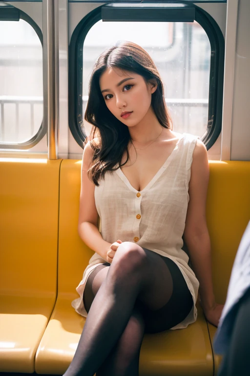 (masterpiece, Highest quality, 8k, RAW Photos, beautifully、beautiful:1.2),  Intricate details, indirect lighting, Realistic,
whole body, Sitting on a chair on the train、Gazing at the audience、Voyeur、
 Square neck button-down linen sundress, Ample breasts、(Ultra-realistic pantyhose)、
 Women&#39;s training , Chair to sit under skirt,