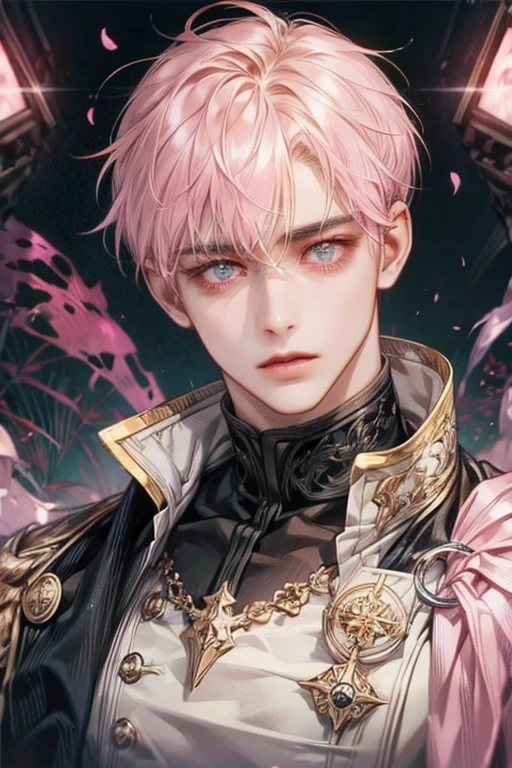 male face, pink eyes