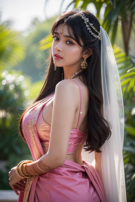 a young teenager Indian girl in a traditional indian wedding dress,detailed face with heavy makeup, bright pink lips, smkoey eyeshadow, long eyelashes, long hair with bangs, facing forward,upper body shot, center of screen, highly detailed, photorealistic, vivid colors, cinematic lighting, dramatic atmosphere, beautiful lush garden scenery, wide hips, thick thighs, big breasts, (best quality,4k,8k,highres,masterpiece:1.2),ultra-detailed,(realistic,photorealistic,photo-realistic:1.37),HDR,UHD,studio lighting,ultra-fine painting,sharp focus,physically-based rendering,extreme detail description,professional,vivid colors,bokeh,portraits