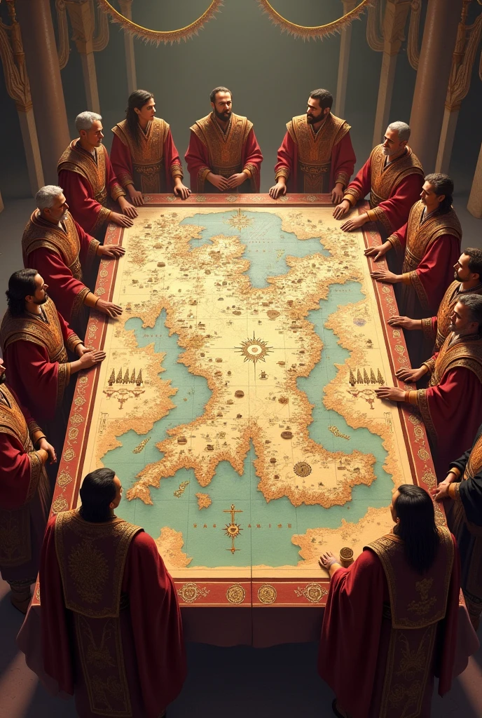 A detailed map showing the expansion of the empire, held by advisors. The map is decorated with tribal symbols and marks the growing territory. The advisors are dressed in ceremonial robes, looking over the map with a sense of pride and strategy