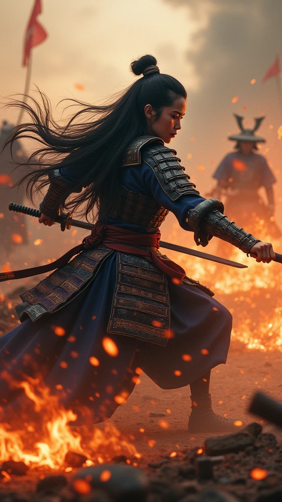 Japan Female Samurai、Female warriors of the Sengoku period、Put on a helmet、Intense battle scenes、There's a fight going on around、There are flames all around、Genuine、Genuine、25Year、Black Hair、