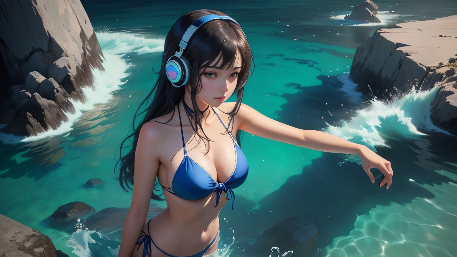 anime girl in a blue bikini posing in the water, wearing water-proof headphone, trending on cgstation, smooth anime cg art, realistic bikini, wallpaper anime blue water, guweiz, detailed digital anime art, artwork in the style of guweiz, extremely detailed artgerm, photorealistic anime girl render, fanart best artstation, trending at cgstation, advanced digital anime art