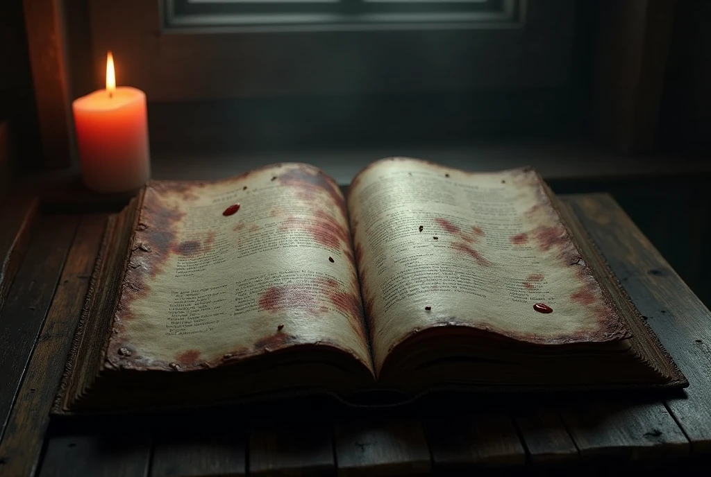 an old book with pages stained with drops of blood, There is a small candle on top of the pages. The book is open on a dark wooden table, the place is poorly lit