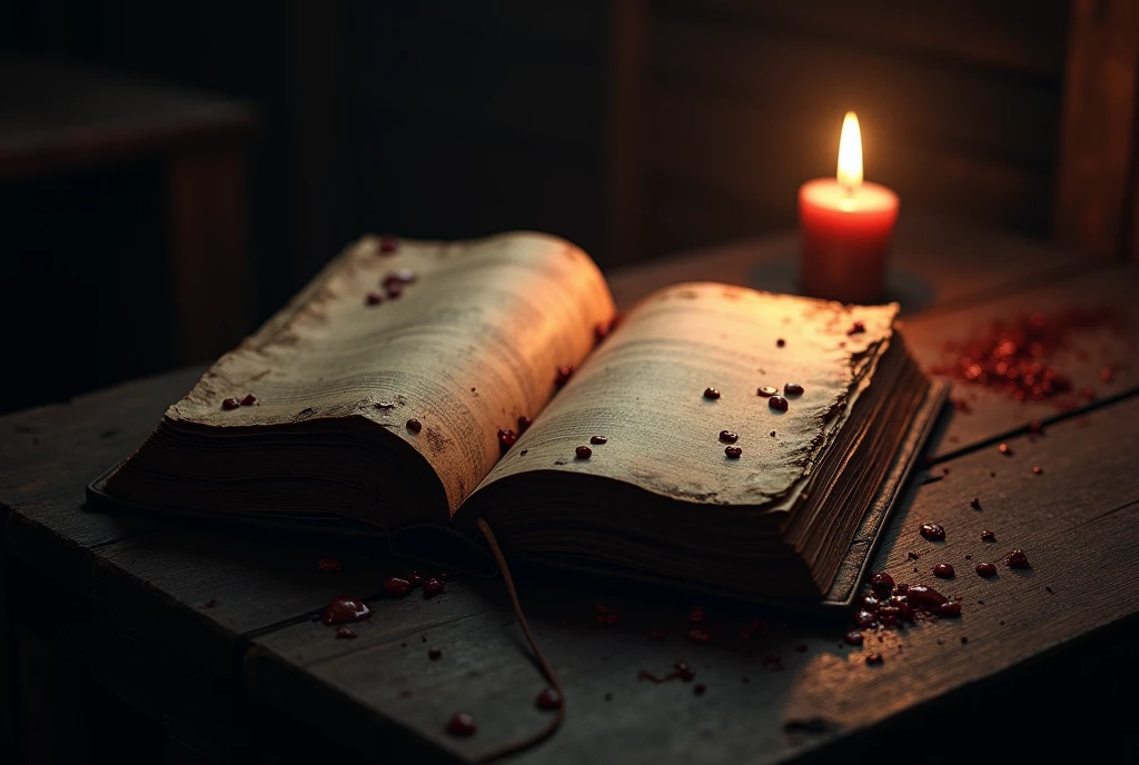 an old book with pages stained with drops of blood, There is a small candle on top of the pages. The book is open on a dark wooden table, the place is poorly lit