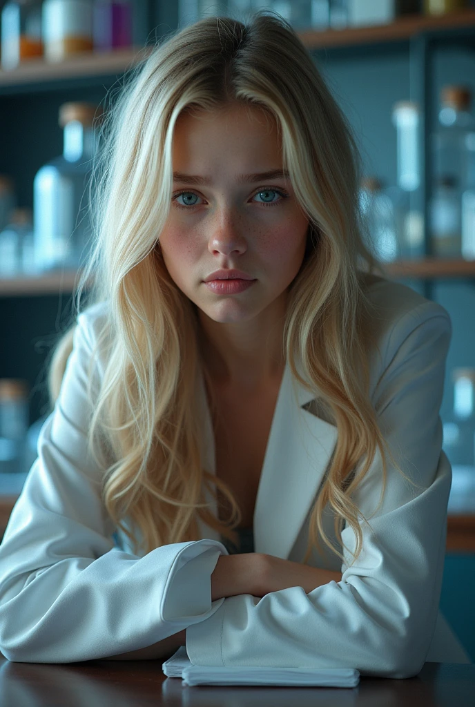 A beautiful blonde girl in an labratory. Cleavage. Frowning. Long hair. Leaning forward.