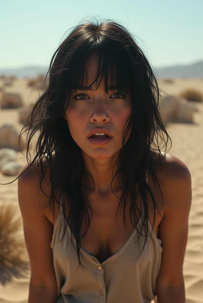 A woman, black hair, distressed, afraid face, confused face, full body, in a desert, realistic (real), Photorealistic