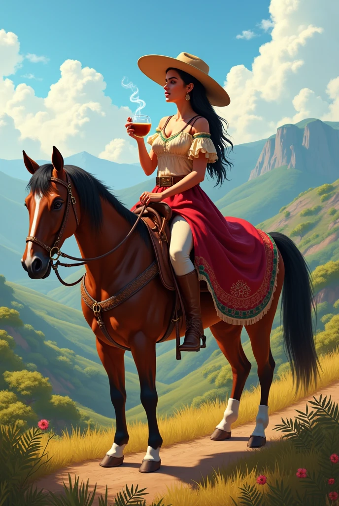 Brazilian woman wearing gaucho clothing riding a Creole horse and drinking chimarrão while looking at the landscape