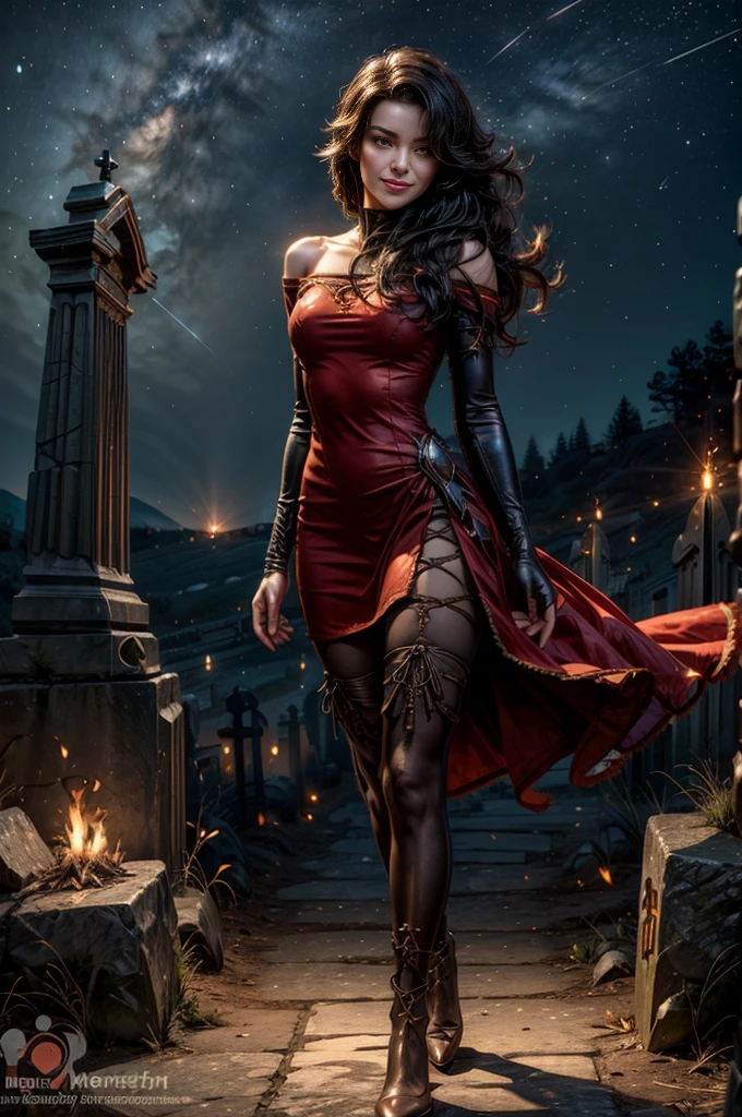 (masterpiece, best quality:1.2), cowboy shot, holding flame, solo, 1girl, cinder fall, smiling, looking at viewer, long hair, red dress, elbow gloves, pantyhose, night, stars, walking through rundown graveyard on hillside, ancient crypt, cracked tombstones, bonfire, small crowd (volumetric lighting), sharp focus, hyper detailed