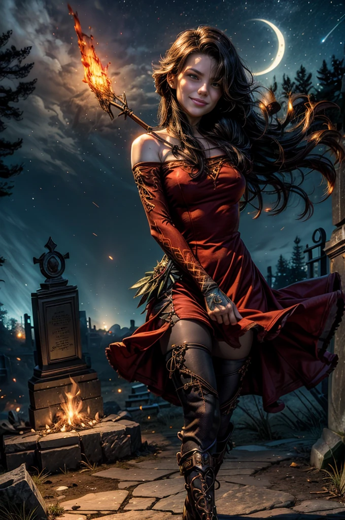 (masterpiece, best quality:1.2), cowboy shot, holding flame, solo, 1girl, cinder fall, smiling, looking at viewer, long hair, red dress, elbow gloves, pantyhose, night, stars, walking through rundown graveyard on hillside, ancient crypt, cracked tombstones, bonfire, small crowd (volumetric lighting), sharp focus, hyper detailed