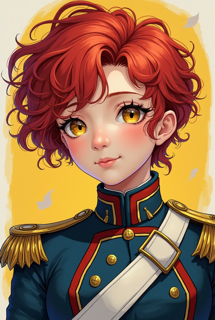 teen girl with boyish short very-curly red hair and golden eyes, wearing 18th century army uniform, in japanese manga style like mori kaoru