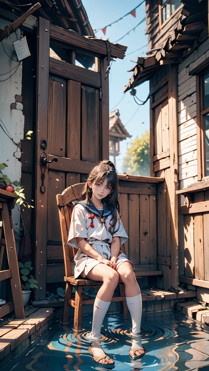 19-year-old female、Sailor suit、Xin Haicheng、Sparrow door lock、Old wooden door in ruins、Waterlogged、blue sky、Have a small chair for your child