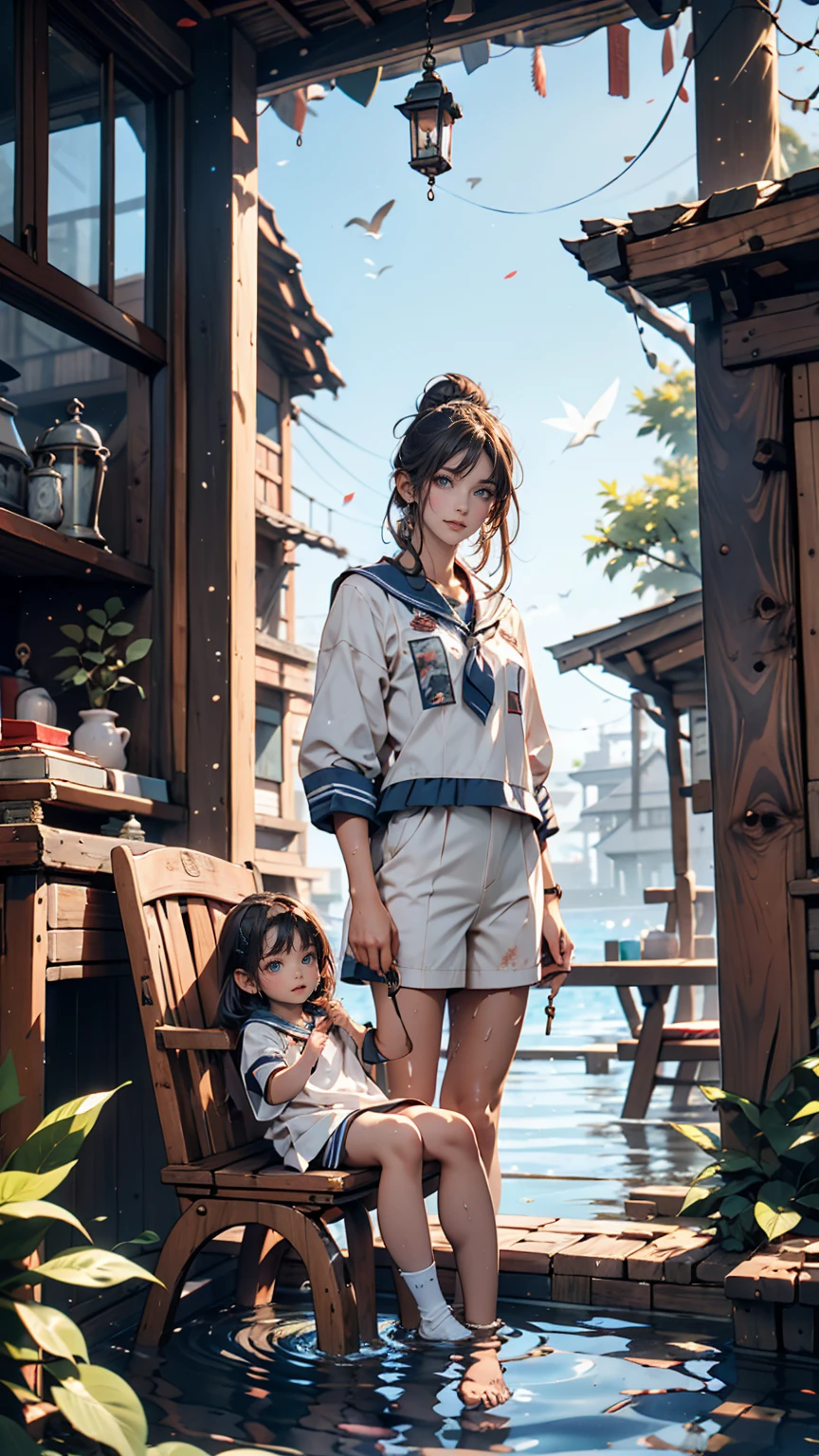 19-year-old female、Sailor suit、Xin Haicheng、Sparrow door lock、Old wooden door in ruins、Waterlogged、blue sky、Have a small chair for your child