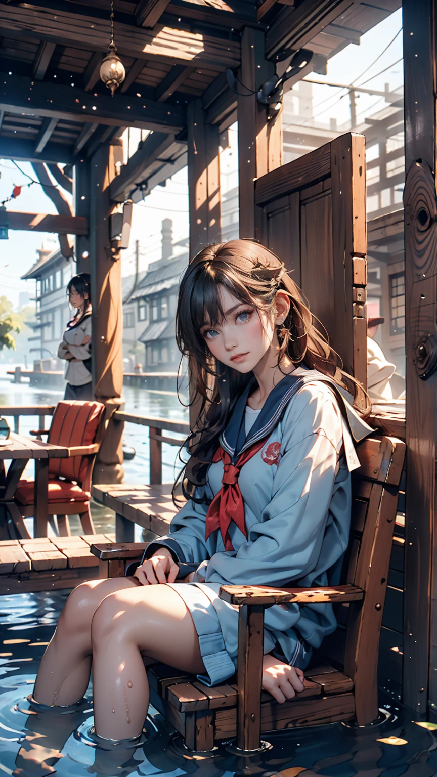 19-year-old female、Sailor suit、Xin Haicheng、Sparrow door lock、Old wooden door in ruins、Waterlogged、blue sky、Have a small chair for your child