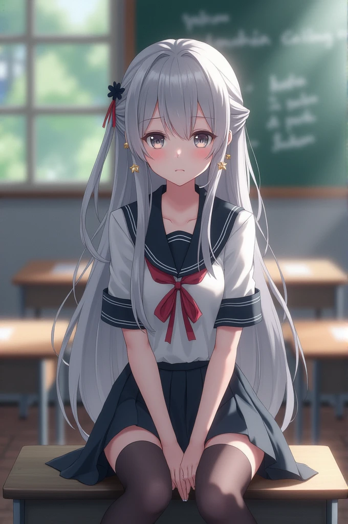 1girl, bangs, blunt_bangs, blurry, blurry_background, blush, chair, chalkboard, classroom, cross_earrings, crossed_Legs, desk, earrings, grey_eyes, hair_ornament, indoors, jewelry, long_hair, long_sleeves, looking_at_viewer, on_desk, pleated_skirt, ribbon, sailor_collar, school_chair, school_desk, school_uniform, serafuku, shirt, silver_hair, sitting, sitting_on_desk, skirt, 独奏, star_\(symbol\), star_earrings, thighhighs, thighs, twintails, white_legwear, white_shirt, window，Barefoot，Stockings and tender feet，The semi-transparent bottom reveals the outline of the toes，